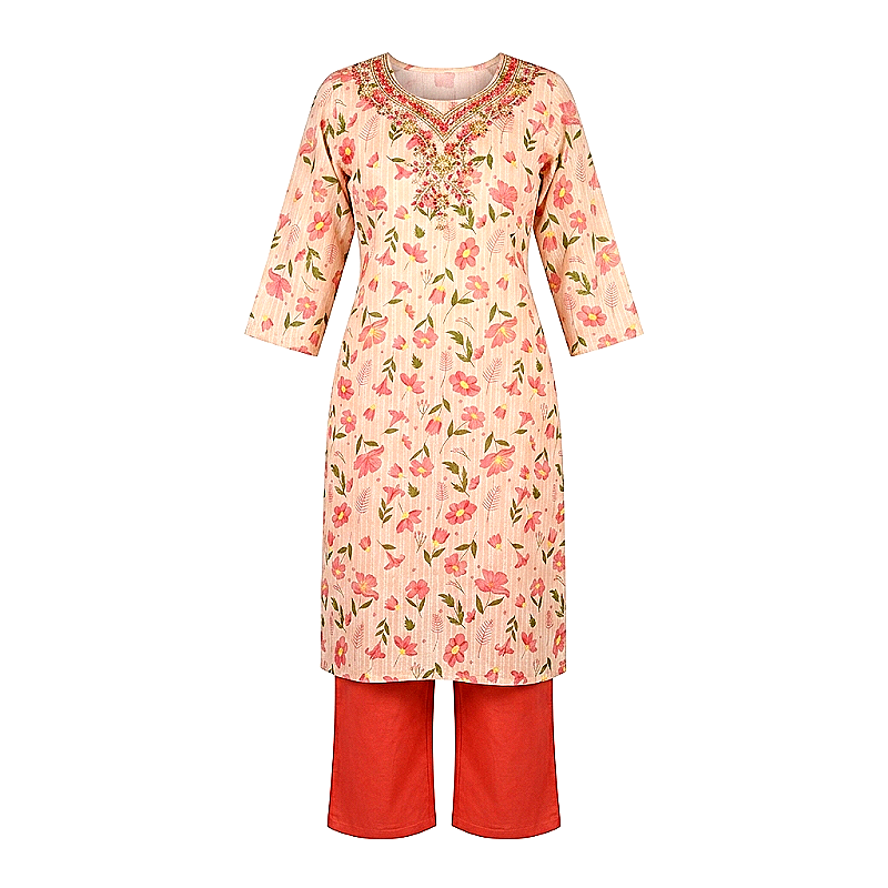 Women's Floral Printed Pink Cotton Kurta Pant Set with Dupatta - Clothes & Appearance 1M - Image 1