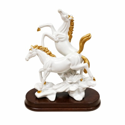 Gilded White & Gold Galloping Horse Pair on Premium Wooden-Style Base