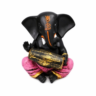 Black & Pink Lord Ganesha Statue Playing Dholak with Gilded Gold Accents