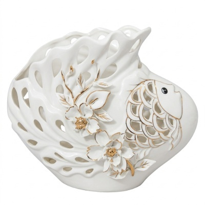 Ornate Hollow-Carved Ceramic Figurine with Gilded Gold Floral Accents