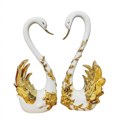 Eternal Harmony Swan Pair: Hand-Finished White & Gilded Gold Statues with Ornate Rose Vine Detailing