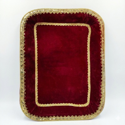 Elegant Maroon Velvet Decorative Wedding Tray with Intricate Golden Lace Borders