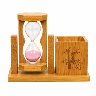 Handcrafted Bamboo Desk Organizer with Rotating Sand Timer and Engraved Panda Pen Holder