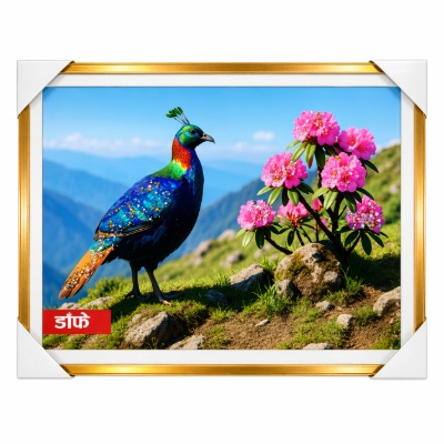 Danphe & Laligurans" – Majestic Himalayan Monal and Rhododendron Scenery Wall Art with Premium Gold Frame