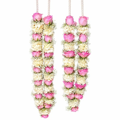 Fresh Pink Rose and White Carnation Jaimala Set for Bride & Groom